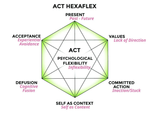 The six components of psychological flexibility (green), along with their inflexible counterparts (red)
